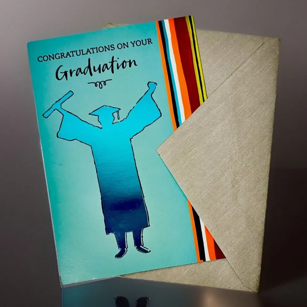 Hallmark Mahogany Graduation Card “Congratulations” Teal Foil Stripe w/ Envelope